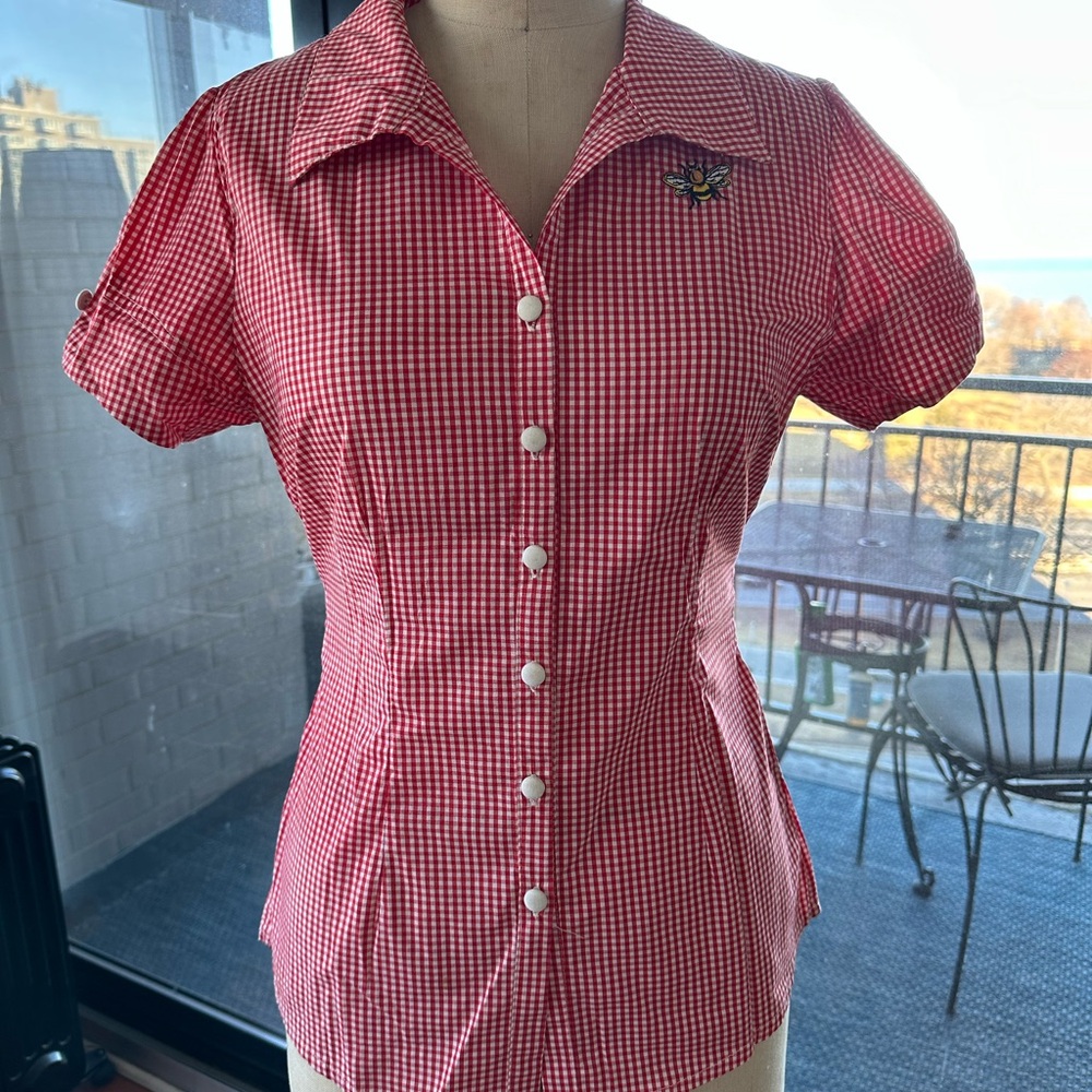 SourPuss Red and White Puff Sleeve Button Down Shirt